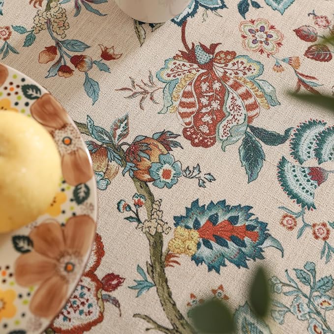 Designer Vintage Linen Small Round Tablecloth,Indian Style Wrinkle Free Orange Floral Table Cloth,Decor Table Cover for Kitchen,Dining,Thanksgivingome,Christmas,Diameter 55"-Mangala