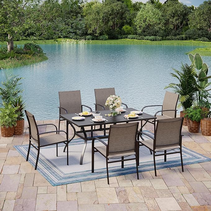 Outdoor Patio Dining Table for 6, 60" x 37" Rectangular Metal Patio Dining Table with Umbrella Hole for Garden, All Weather Wrought Iron Black Outdoor Table Backyard and Porch, Black