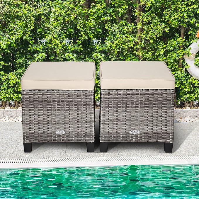 Tangkula 2 Pieces Patio Rattan Ottomans, Outdoor Wicker Footstool Footrest Seat with Soft Cushions and Steel Frame, All-Weather Patio Ottoman Set for Backyard Garden Poolside