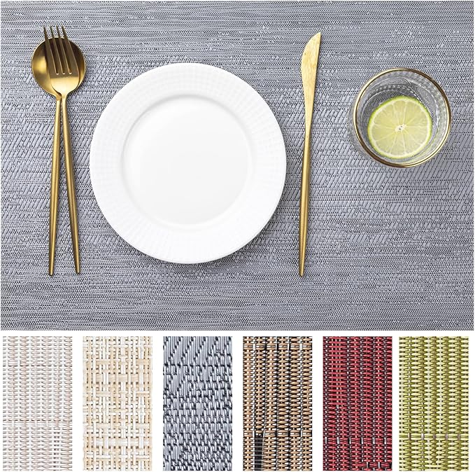 LEXMORE Placemats Vinyl/Plastic Woven Place Mats for Kitchen Table Indoor/Outdoor Washable Placemat Wipeable Dining Table Mats Set of 8(Ombre Gray)