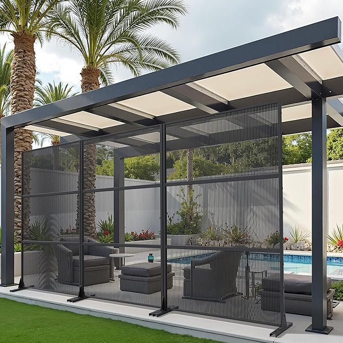 Casaphoria Metal Privacy Screen Outdoor, 72" H x 47" W Freestanding Decorative Privacy Screen for Patio Deck Balcony Garden with Stable Base, Black-Vertical Stripe