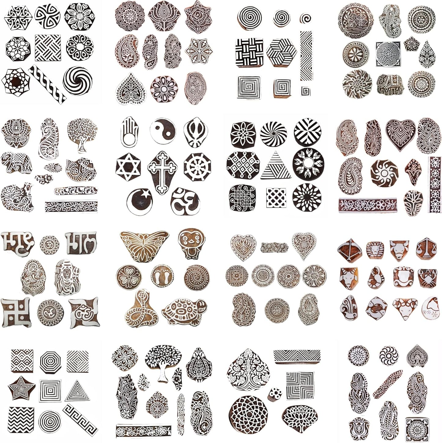 Wooden Printing Stamps Assorted Design - Handcarved Indian Textile Printing Blocks [ Pack of 37 Assorted Pc from 200 Design ] Wood Stamps for Tattoo Clay Pottery Cards Henna HASHCART®