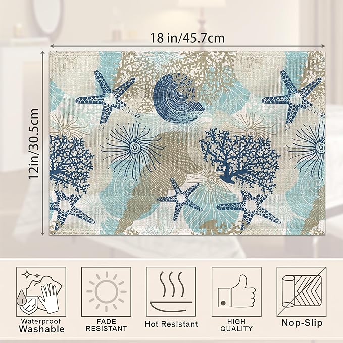Ocean Coral Placemats Set of 6,Shells Algae Reefs Table Mats Non-Slip Heat Resistant Washable Placemat for Party Kitchen Dining Table Decoration Indoor Outdoor