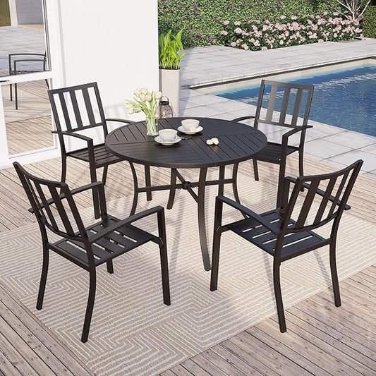 Sophia & William Round Patio Table and Chairs Set, Outdoor Dining Set for 4, 5 Piece Metal Patio Furniture, 42" Black Table(Stripe)