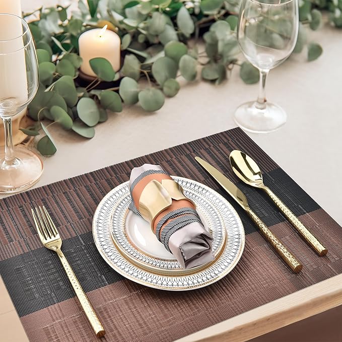 SLKQG Brown Placemats Set of 6 - Easy Clean Modern Durable Washable Vinyl Place Mats - Heat Resistant Placemats for Kitchen Table - PVC Table Mats for Dining Table (Brown Black, 6)