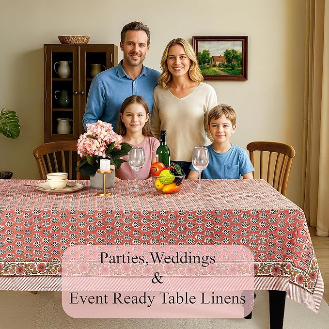 CPC Tablecloth 100% Cotton 70x118 Inch Indian Block Print Rectangle Table Cover, Washable Table Cloth for Weddings, Spring/Summer, Barbeque - Poppy Pink