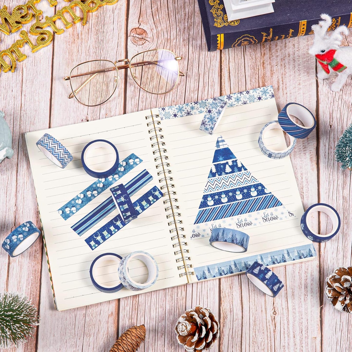 Whaline 12 Rolls Winter Washi Tape Blue White Snowflake Snowman Holiday Masking Tape Xmas Tree Reindeer Assorted Pattern Washi Tape for Scrapbook Journal DIY Craft Gift Wrapping Party Decor