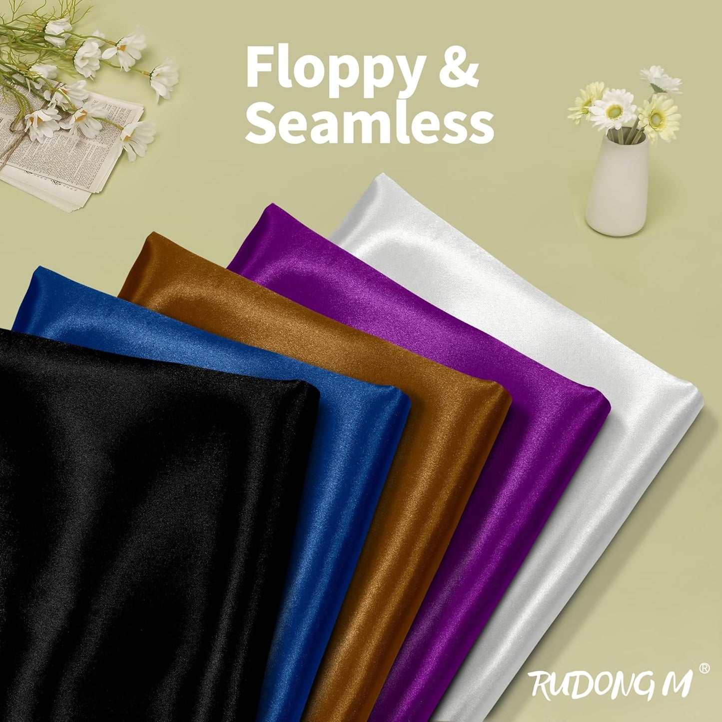 RUDONG M Black Satin Fabric by The Yard, 5 Yard x 60 Inch Wide Silky Charmeuse Satin Fabric, Soft Satin Fabric for Wedding Decorations, Bridal Dress, Sewing, Accessories, DIY Crafts