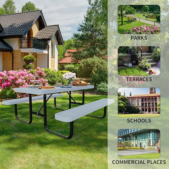 72'' Rectangular Steel Picnic Table for Outdoors,Commercial Metal Picnic Table Bench Set with Umbrella Hole,School Canteen Table W/Seats - Heavy Duty Sturdy Picnic Tables Furniture for Patio Garden