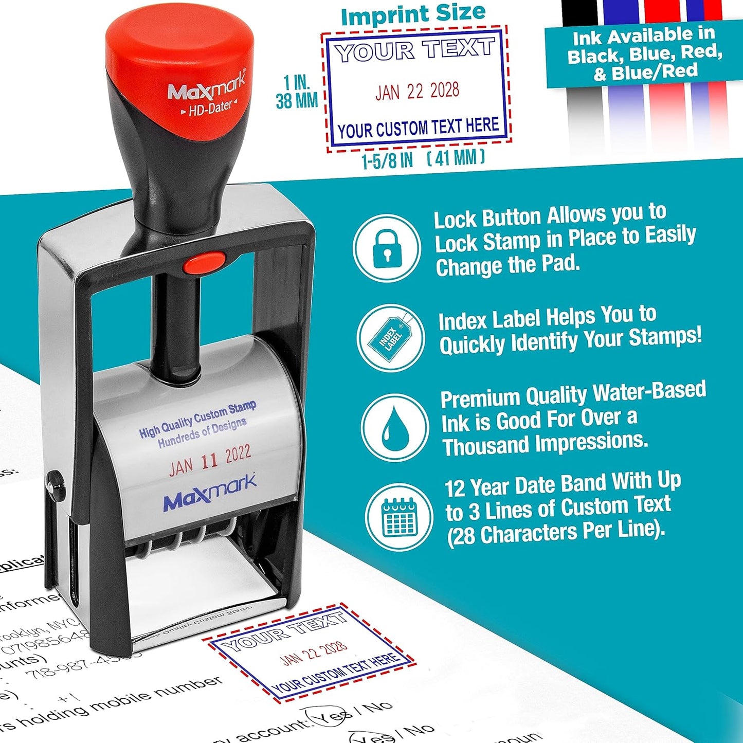MaxMark Heavy Duty Self Inking Date Stamp with Phrase Entered - Red Ink
