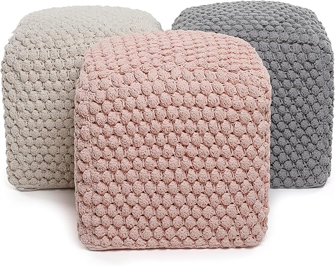 BIRDROCK HOME Buds Pouf Foot Stool Ottoman - Knit Bean Bag Floor Chair - Cotton Braided Cord - Great for The Living Room, Bedroom and Kids Room - Small Furniture (Dusty Rose - Buds)