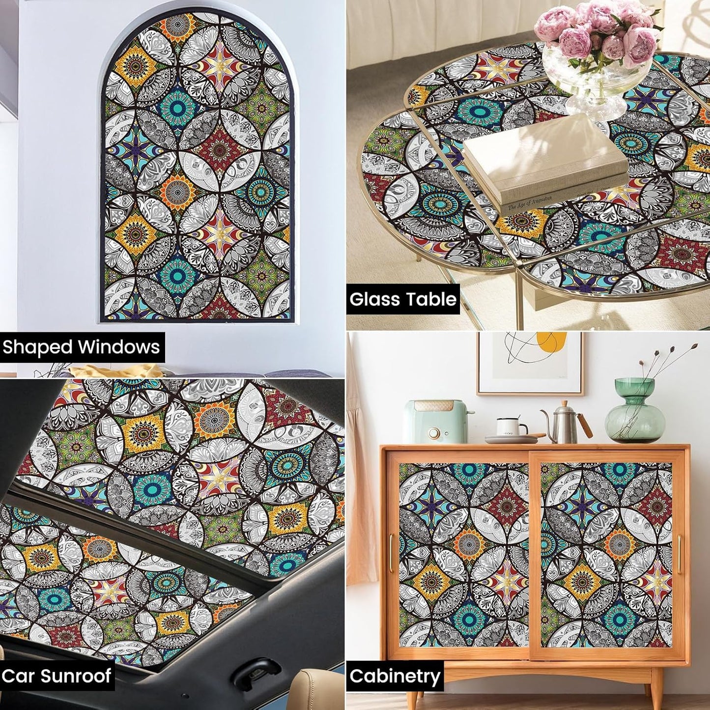 DKTIE Boho Chic Window Privacy Film with Installation Tools - Soften Light, Reduce UV Rays, Decorative Stained Glass Window Tinting Film for Home, 35.4 x 78.7Inch