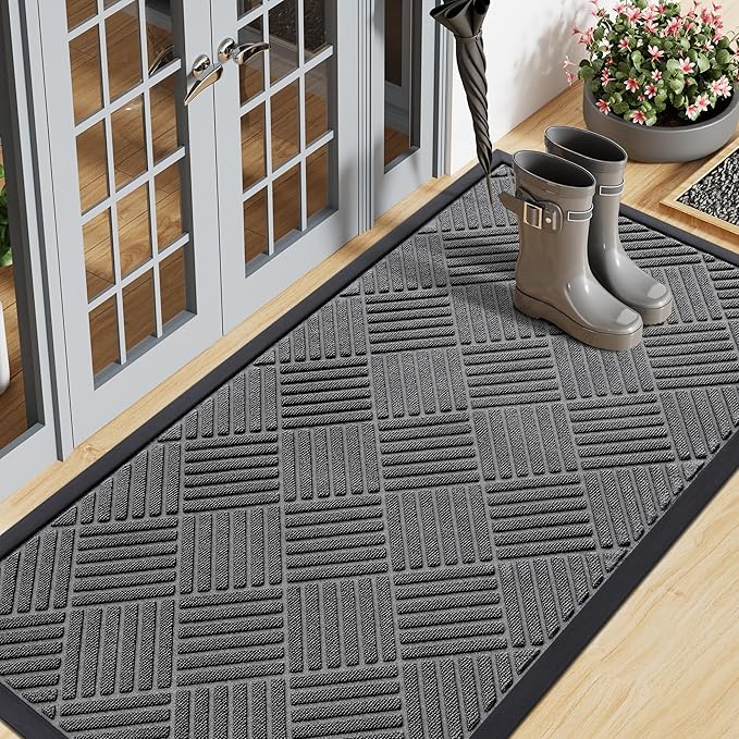 Smiry Front Door Mat Outside Entrance, Heavy Duty Outdoor Indoor Natural Rubber Doormat, Non Slip, Trap Dirt and Moisture, Easy Clean, Low Profile Patio Porch Entryway Mat, 71x23, Grey