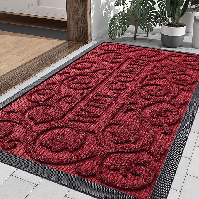 Smiry Welcome Door Mat Outside Entrance, Heavy Duty Trap Dirt and Moisture Easy Clean Low Profile Patio Porch Indoor Outdoor Front Doormat for Entry, 36x24 Inch, Burgundy