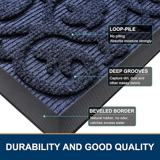 Smiry Welcome Door Mat Outside Entrance, Heavy Duty Trap Dirt and Moisture Easy Clean Low Profile Patio Porch Indoor Outdoor Front Doormat for Entry, 36x24 Inch, Navy Blue