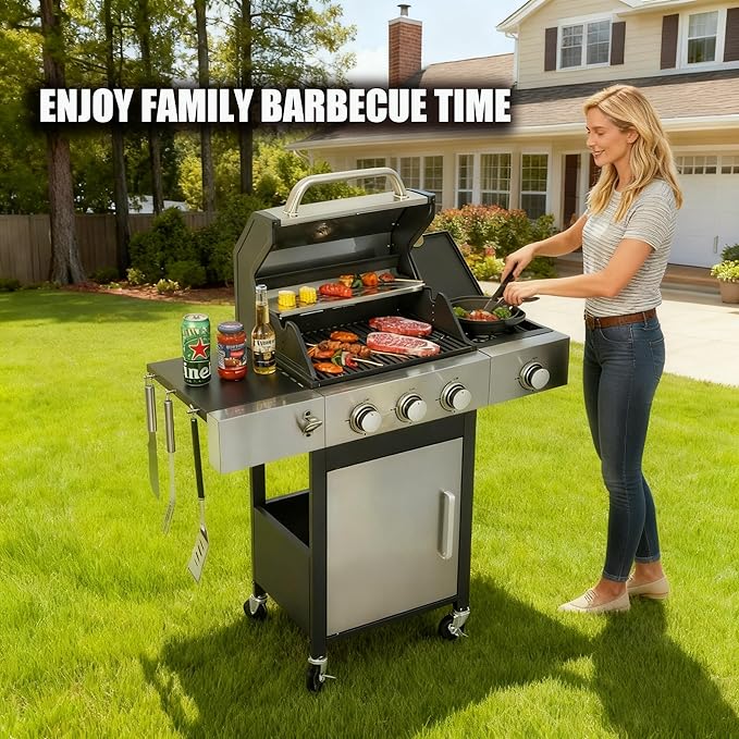 3-Burner Gas Grill with Side Burner, 37230 BTU Outdoor BBQ, Large Cooking Area with Enameled Cast Iron Grates, Locking Wheels & Foldable Side Tables for Patio & Backyard(3+1 Burner)
