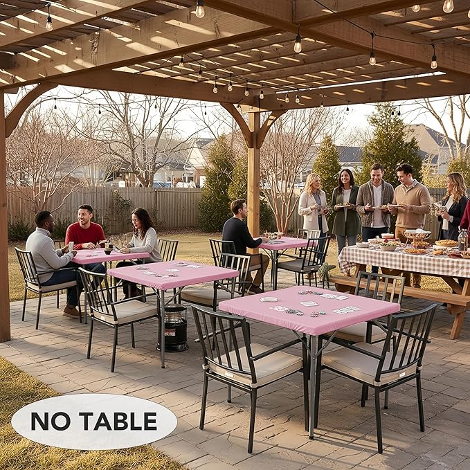 LUSHVIDA 2 Packs Vinyl Card Tablecloth with Flannel Backing 34x34 inch - Waterproof Plastic Picnic Table Cover for Square Folding Table Cloth with Elastic Corners, Pink