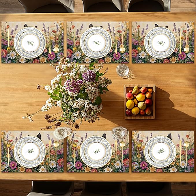 Black Cat Placemats Set of 6,Color Flower Waterproof Non-Slip Washable Table Mats for Kitchen Dining Holiday Party Wedding Decor 12x18 Inch