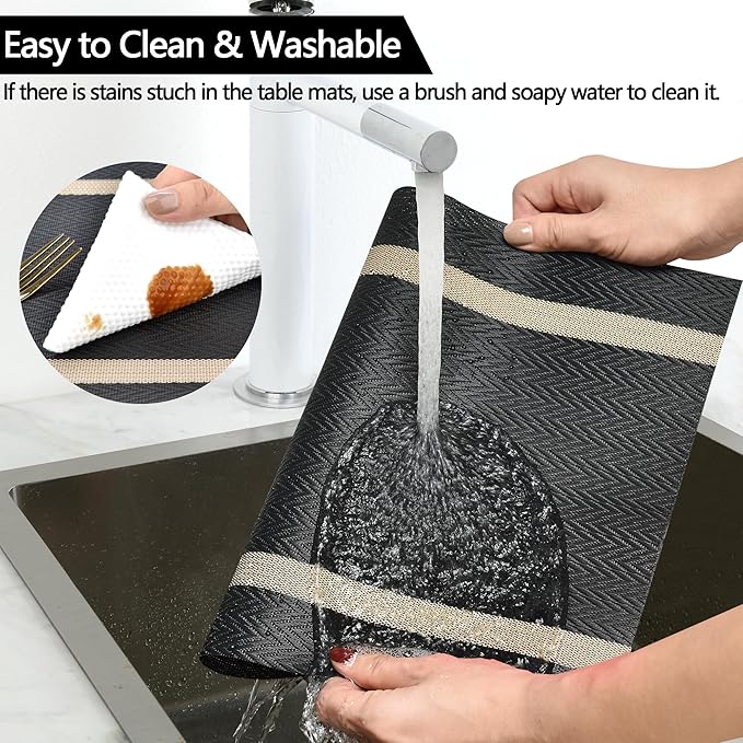 SLKQG Black Placemats Set of 6 - Easy Clean Modern Durable Washable Vinyl Place Mats - Heat Resistant Placemats for Kitchen Table - PVC Table Mats for Dining Table (Black with Stripes, 6)