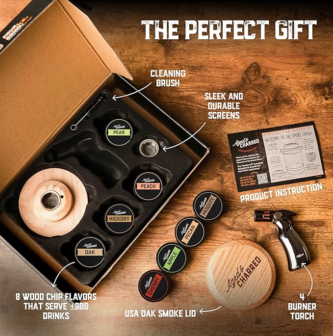Whiskey Smoker Kit with Torch - 8 Flavors Wood Chips - Bourbon Gifts for Men, Cocktail Smoker kit - USA Oak Smoke Lid (No Butane)