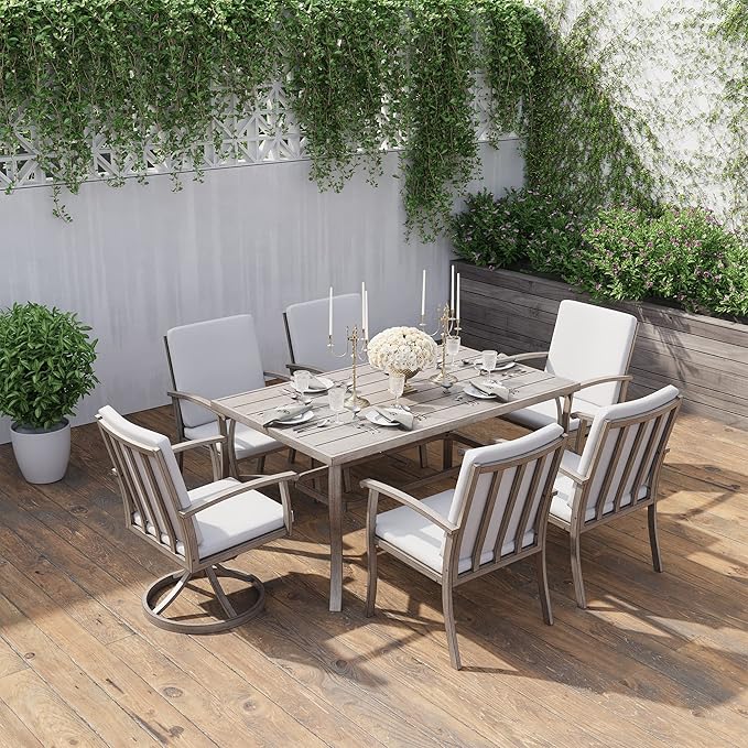 HAPPATIO 7 Piece Patio Dining Set, Aluminum Outdoor Dining Set for 6, Patio Furniture Sets, 2 Swivel Dining Chairs, 4 Dining Chairs, Aluminum Furniture Set for Patio, Yard (Gray)