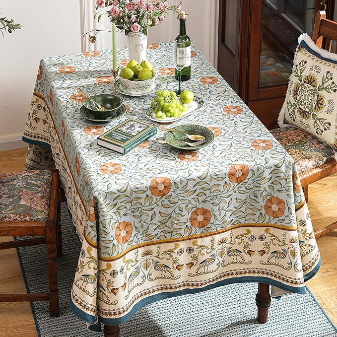 patdrea Designer French Linen Blue Tablecloth for Rectangle Table,Vintage Floral Table Cloth,Colorful Decoration Fall Cover Kitchen Dining for Thanksgiving,Tea Party,Christmas,55"x79"-Wensel