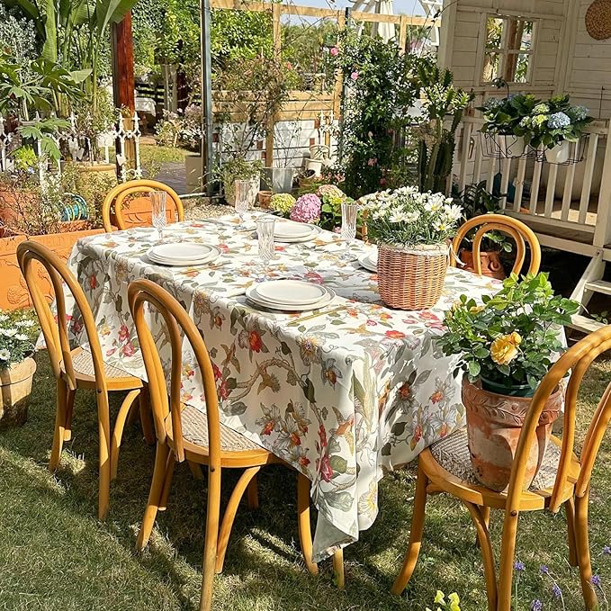 Rectangle Waterproof Tablecloth, Spring Summer Birds Floral Table Cloth, Decorative Fabric Table Cover for Indoor and Outdoor, 72 x 54 Inch, Red Flower
