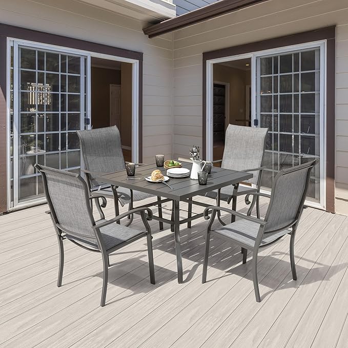 NUU GARDEN 37" Outdoor Patio Table, 4 Person Steel Slat Square Dining Table with 1.57" Umbrella Hole, Slatted Top and Powder Coated Iron Frame for Patio, Garden and Balcony, Gray