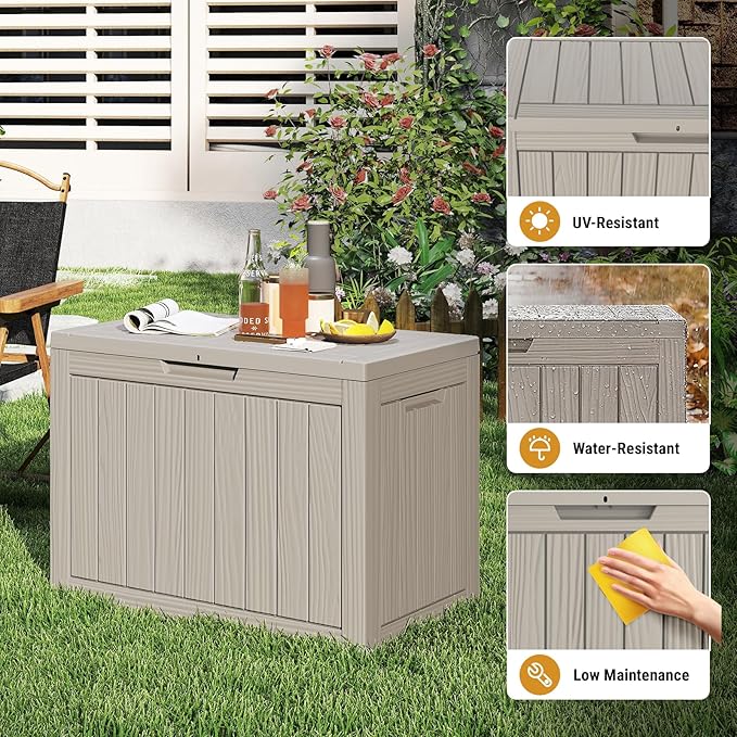 Mars Villa 45 Gallon Deck Box, Waterproof Weatherproof and UV Resistant Resin Deck Storage Box, Ideal for Indoor, Outdoor, Patio Furniture Pillows, Pool Supplies, Gardening Tools, Greige