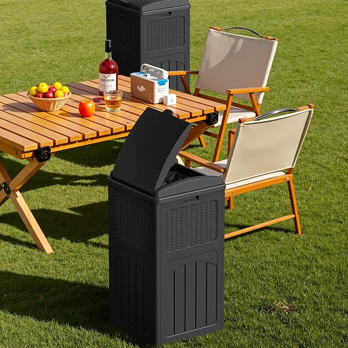 Devoko 33 Gallon Outdoor Trash Can with Dual Lid, Heavy Duty Waterproof Resin Garbage Bins Outside, Hideaway Waste Bins for Patio, Outside Pool, Backyard and Deck (2, Black)