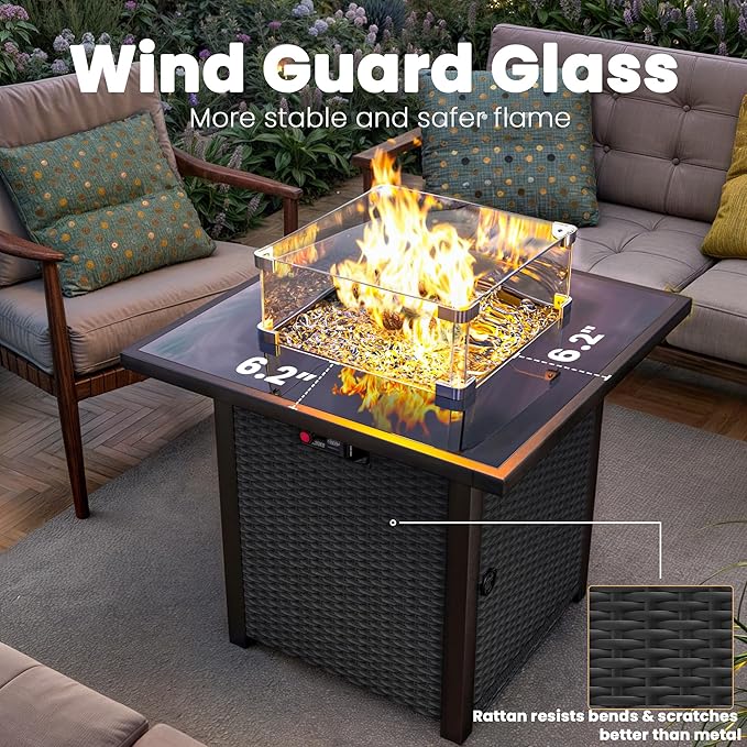 Propane Outdoor Fire Pit Table, 28" Rattan Square Fire Pit Table, Outdoor Gas FirePit W/Glass Wind Guard, Tempered Glass Tabletop, Lid, CSA Listed, 50,000 BTU, Outside Patio Deck & Garden, Black