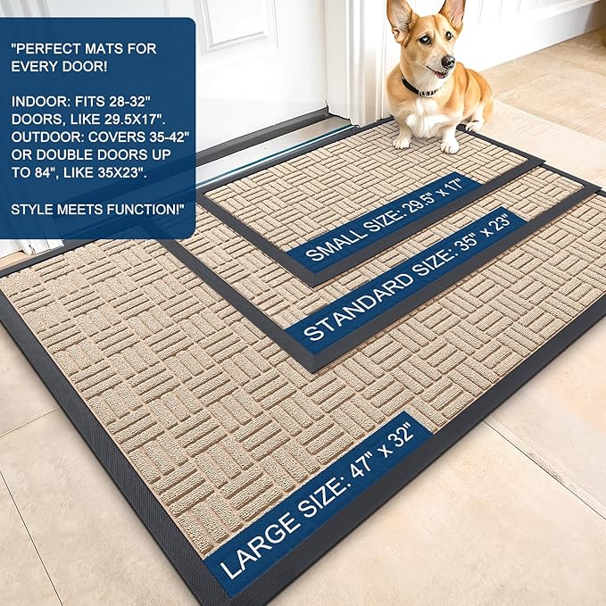 OLANLY Front Door Mat Outside Entrance 47x17, Absorbent, Heavy Duty Sturdy Natural Rubber Doormat Indoor Outdoor, Non-Slip, Stain and Fade Resistant, Low Profile Floor Mat for Entryway, Latte White