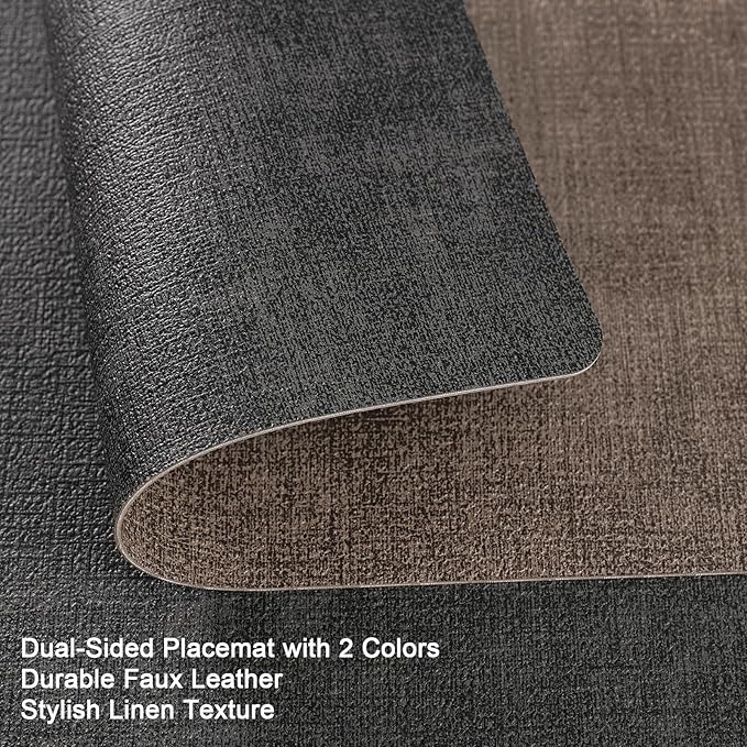 Myir JUN Placemats Dual Sided, Faux Leather Place Mats Set of 6 Indoor Placemat for Dining Table Outdoor Place Mat Square Non-Slip Washable Table Mats (Gray Brown, Set of 6)