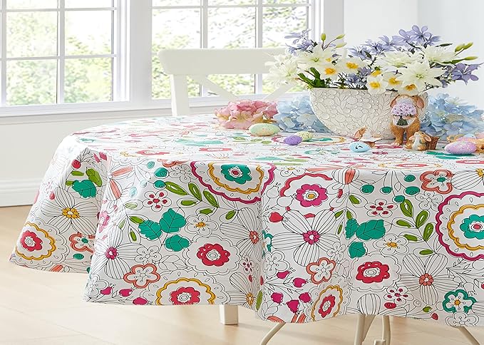 Newbridge Shabby Chic Lily Print 60 x 84 Inch Oval Vinyl Flannel Backed Tablecloth, Pink Yellow and Green Lily Indoor and Outdoor Waterproof Vinyl Table Cover for Spring Holiday Party