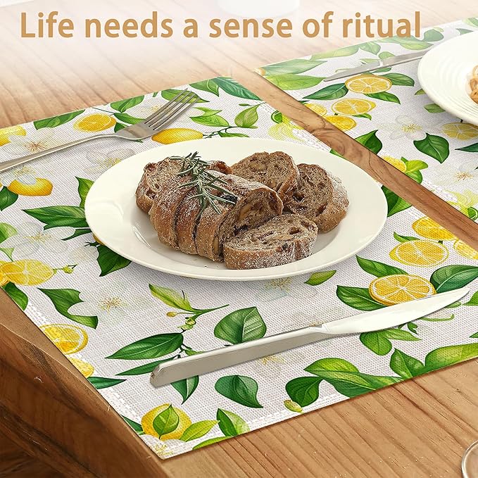 Placemats12x18 Inch,Lemons Flower Placemats,Green Leaf Kitchen Dining Coffee Table Mats Set of 6 for Home Indoor Outdoor Party