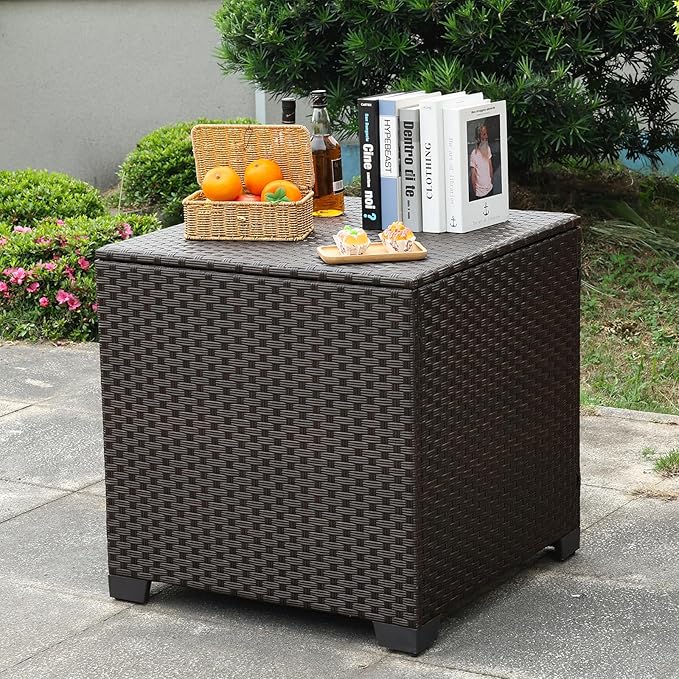 Rattaner 80 Gallon Wicker Outdoor Storage Box Square Patio Storage Bin with Waterproof Lining Bag Deck Storage Box and Cushion Storage Bin Outdoor, Brown Wicker