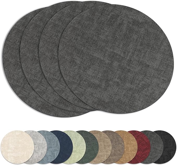 13"Round Placemats Set of 4, Reversible Faux Leather Heat Resistant Table Mats, 100% Waterproof Oilproof Wipeable Table Protective Placemats for Vinyl, Washable for Indoor & Outdoor Use (4, Deep Gray)