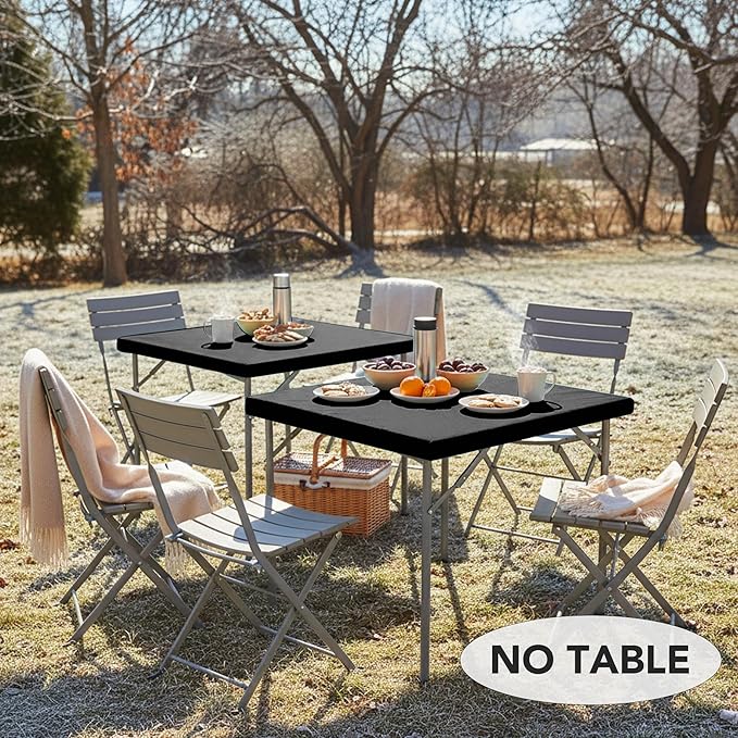 LUSHVIDA 4 Packs Vinyl Card Tablecloth with Flannel Backing 34x34 inch - Waterproof Plastic Picnic Table Cover for Square Folding Table Cloth with Elastic Corners, Black