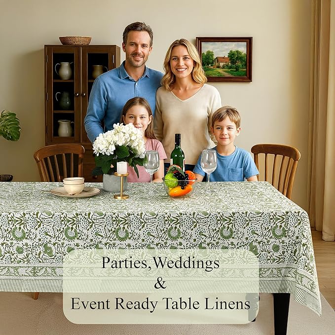 CPC Tablecloth 100% Cotton 60x90 Inch Indian Block Print Rectangle Table Cover, Washable Table Cloth for Weddings, Spring/Summer, Barbeque - Agate Green