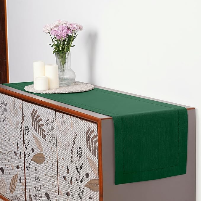 D'Moksha Homes Linen Forest Green Table Runner 132 Inches Long - 100% Pure Linen Extra Long Table Runner 14 x 132 Inch for St Patricks Day, Easter - Classic Hemstitch