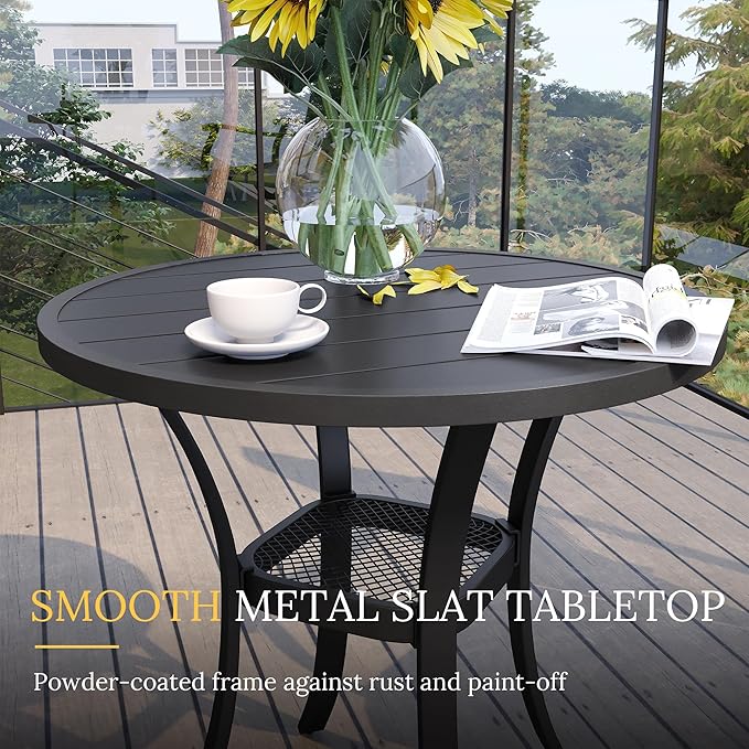 VICLLAX 27.5" Outdoor Round Patio Table for Lawn Garden, All Weather Metal Round Patio Dining Table with Storage Shelf, 2 Person Small Patio Table, Black Tabletop