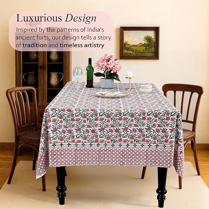 CPC Tablecloth 100% Cotton 70x118 Inch Indian Block Print Rectangle Table Cover, Table Cloth for Weddings, Spring/Summer, Barbeque - Red Garnet