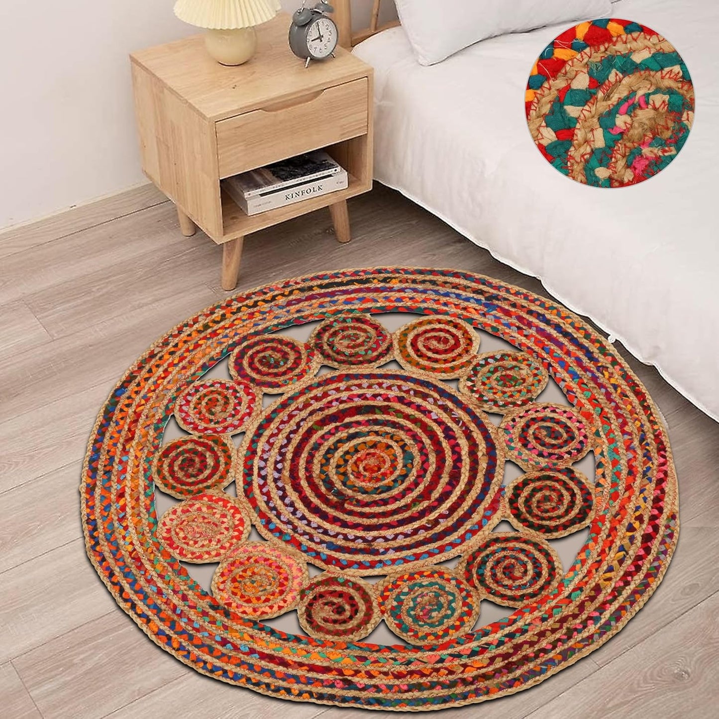 3' Round Handwoven Jute Chindi Area Rug - Colorful Boho Rugs for Living Room - Hand Braided Multicolor Bohemian Rug for Farmhouse, Bedroom, Dining Room, Classroom, Hallway, Kitchen, Office