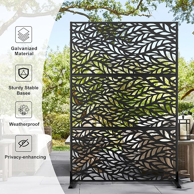 Metal Privacy Screen Outdoor 72" H×47" W,Freestanding Decorative Privacy Screen for Balcony Yard&Garden,Privacy Fence-Black&Leaves