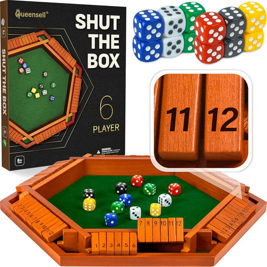 Queensell Shut The Box Game Wooden Board for 1-6 Players - 16-inch Shut The Box Game 12 Numbers for Adults & Kids - Ideal for Games Night
