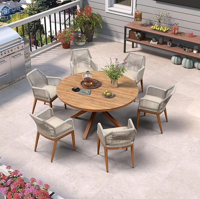 PURPLE LEAF 7 Pieces Patio Round Dining Set Aluminum Round Table and Rattan Arm Chairs with Cushions for Kitchen Porch Garden Modern Outdoor Furniture Sets