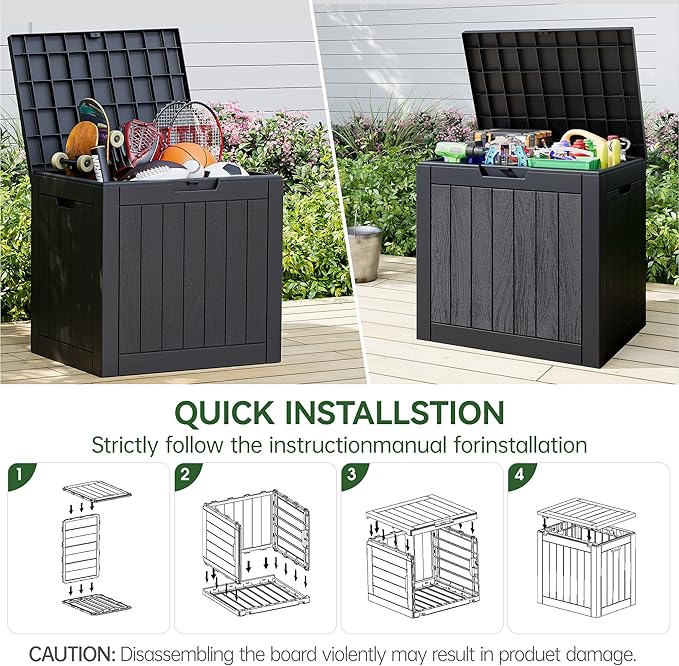 KAMABOKO Deck Box, 35 Gallon Resin Indoor and Outdoor Storage Boxes Waterproof for Garden Tools, Patio Accessories Storage Bench, Patio Furniture and Cushions with Lockable Lid, Black