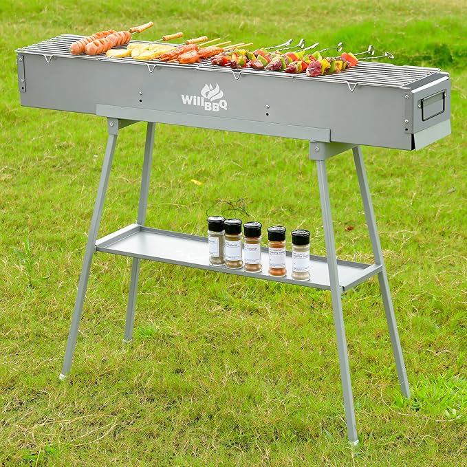WILLBBQ Charcoal Grills Commercial Quality Portable Multiple Size Hibachi BBQ Lamb Skewer Folded Camping Barbecue Grill(39.4x7.1x5.1 inch With Accessories) - The Perfect Gifts for Grill Lovers