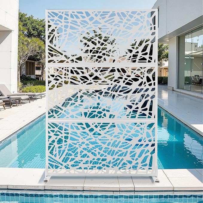Metal Privacy Screen for Outdoor & Indoor Use, Free Standing Privacy Screen for Patio Garden Pool, 72" H x 47" W Decoative Privacy Panels, Weather Resistant, Easy Assembly (White Net)