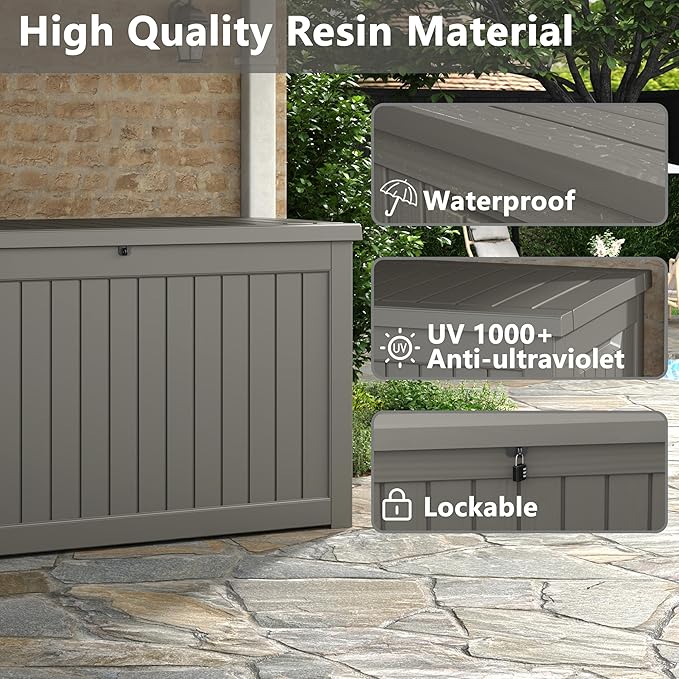 230 Gallon Large Resin deck box Waterproof,Outdoor Storage Bench,Patio Storage Box,Garden Tool Storage,UV-Resistant & All-Weather,Wood-like Striped Gray